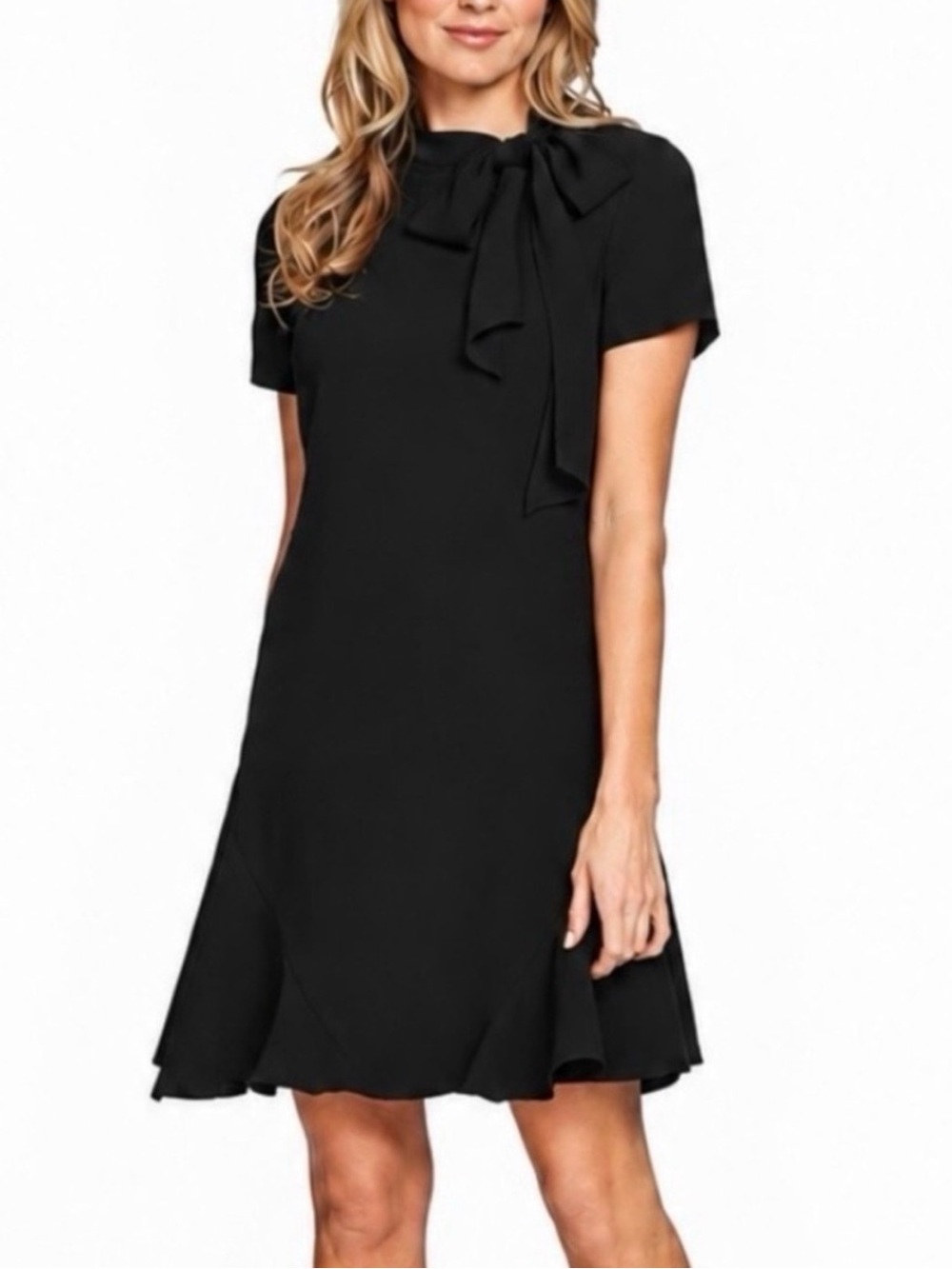 CeCe Black Tie-Neck Flared Short Sleeve Dress NWOT